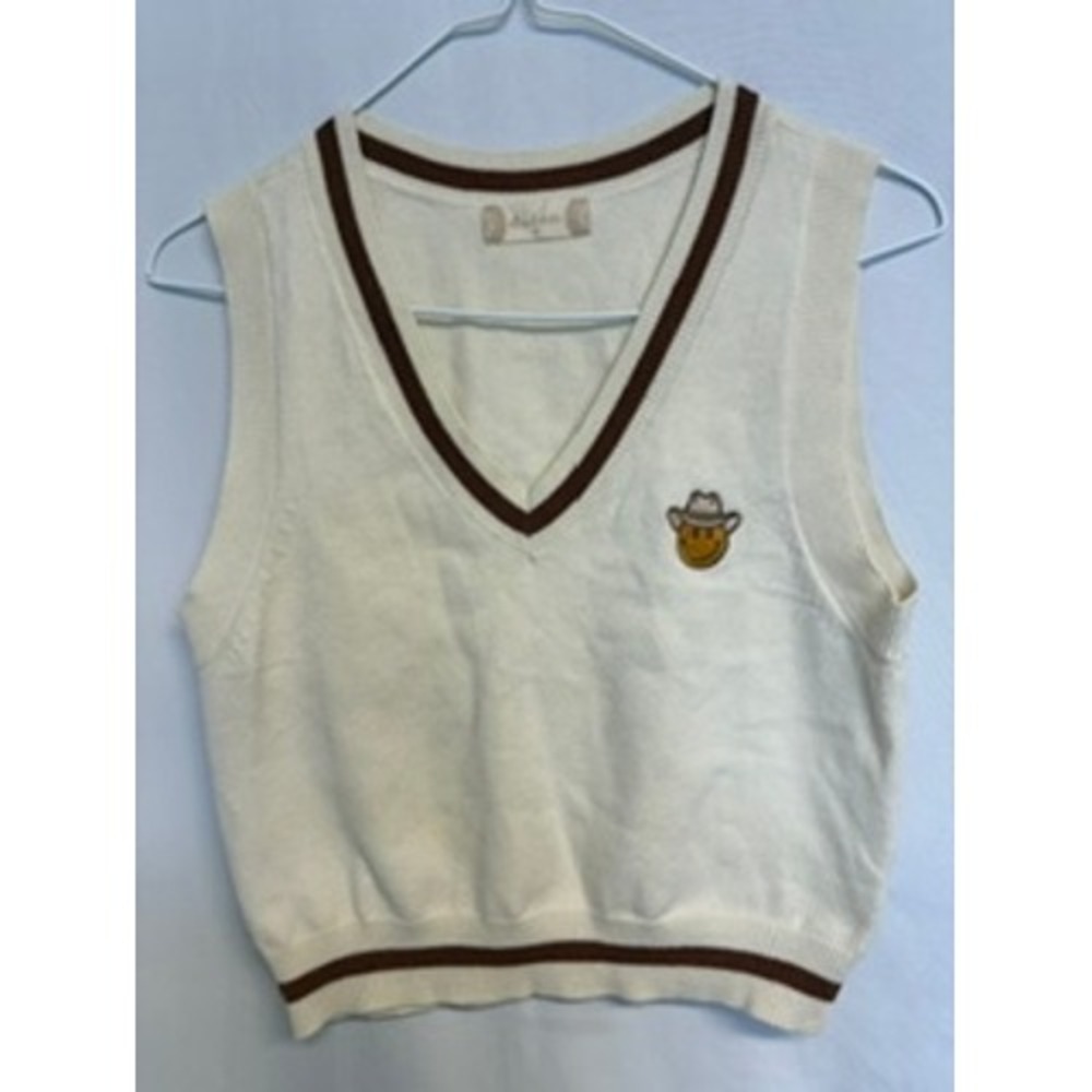 Altar'd‎ State Cream Smiley Face Cowboy Hat V-Neck Sweater Vest Brown Trim Small